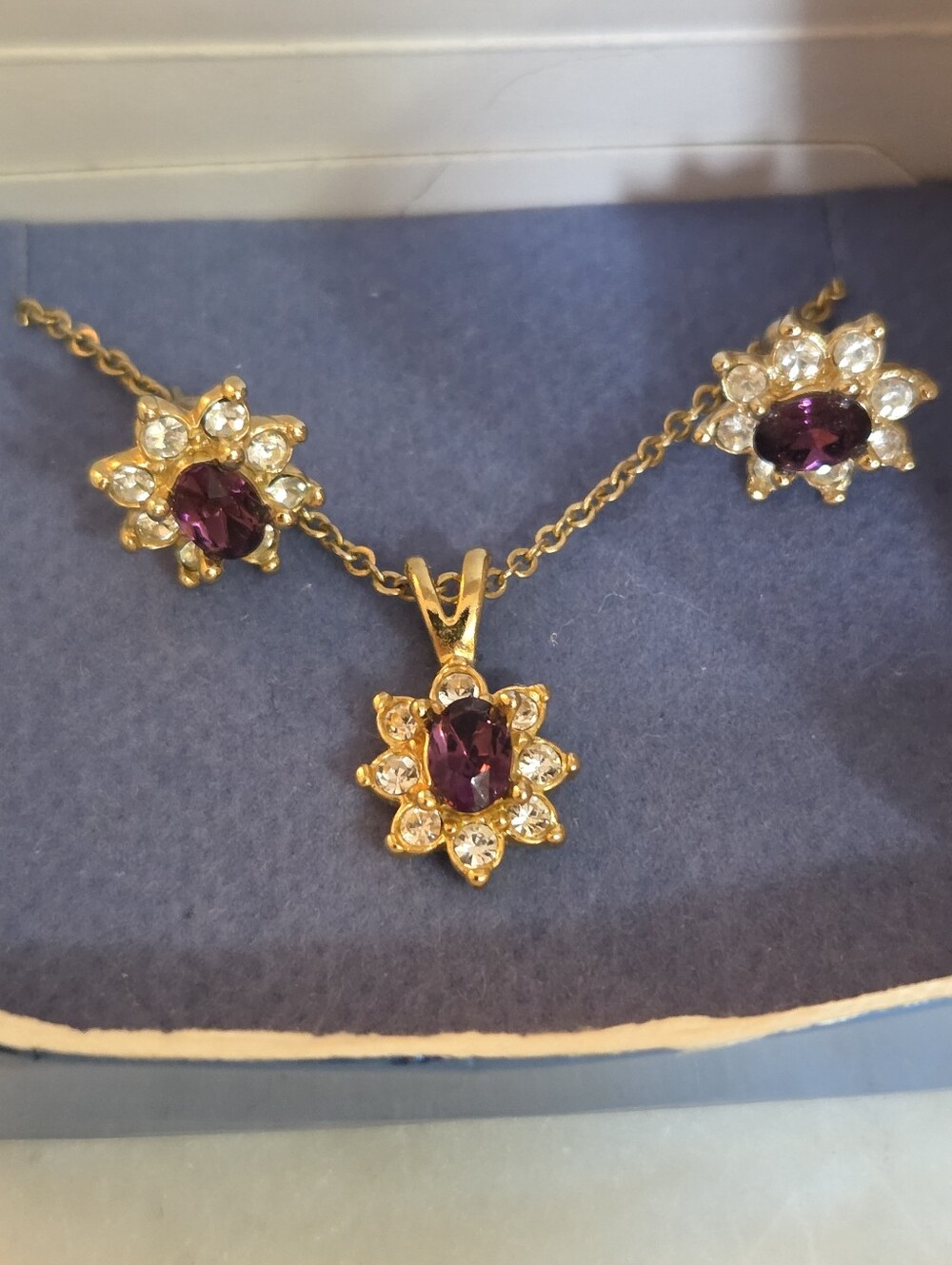 Avon Gold Tone Purple Crystal Flower Necklace & Earrings Set